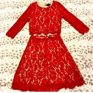 Red Two-Piece Lace Cropped Top and Skirt